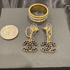 New 💘  Upcycled Gold Dangling Black Designer Earrings & Sz 7 Infinity Ring Set